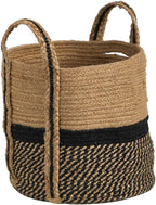 Nearly Natural 13in. Boho Chic Basket Natural Jute Basket Planter, Black Bottom Natural Top with Handles