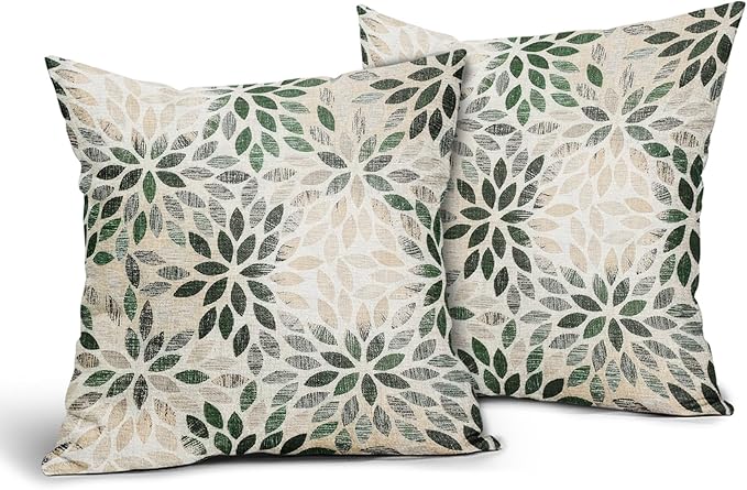 Kawani Green Dahlia Throw Pillow Covers 24x24 Inch Rustic Geometric Flower Decorative Square Pillow Cases Beige Tan Gray Floral Cushion Covers Farmhouse Home Decor for Sofa Couch Outdoor Set of 2