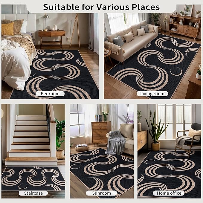 Tangsoo Easy Jute Rug for Entryway,2x3 Outdoor Washable Thin Rug Non-Slip Black Geometric Indoor Entry Mat Small Throw Carpet for Kitchen Bedroom Front Porch Doorway