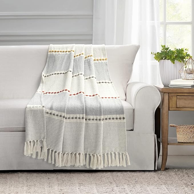 Lush Decor Herringbone Stripe Woven Tassel Yarn Dyed Cotton Throw Blanket 50" W x 60" L Yellow & Gray - Striped Throw Blankets - Yellow Couch Blanket