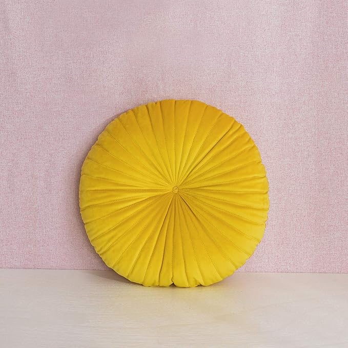 Roslynwood Shelly Round Solid Lemon Velvet Chair Cushion Couch Pumpkin Throw Pillow Home Decorative Seashell Floor Pillow, 16x16 inch