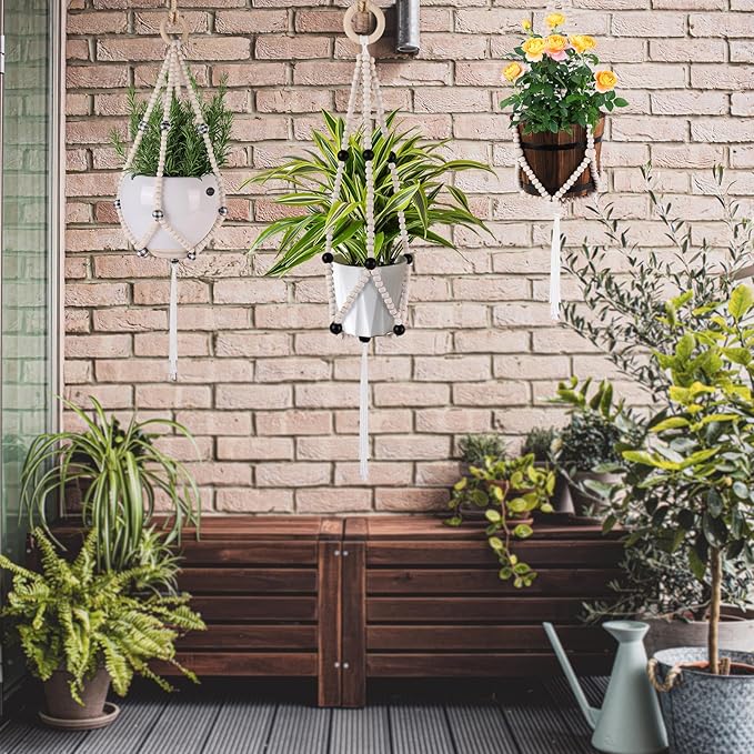 Hotfiary Plant Hanger Indoor Hanging Plant Holder Hang Planter Basket Wood Bead Decorative Flower Pot Holders Boho Farmhouse Rustic Decor Indoor Outdoor (Pot Not Included)