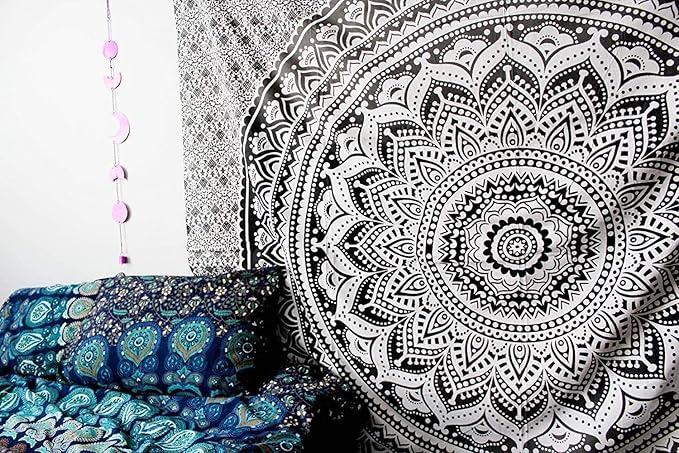 ANJANIYA Ombre Wall Hanging Bohemian Tapestry, Metallic Wall Art Bedspread, Psychedelic Hippie Mandala Dorm Décor for Hanging, Bedding, Beach Coverlet Curtain, Grey Black, 54"X60"