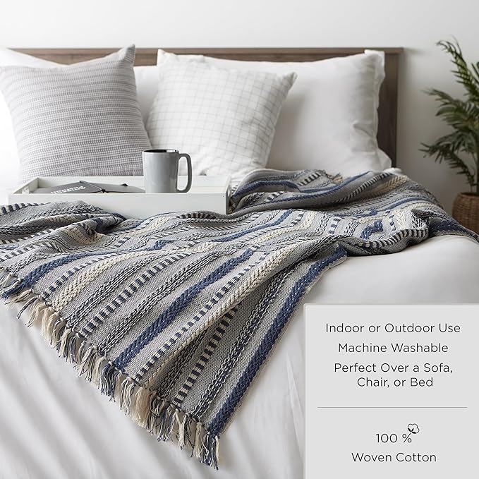DII Modern Zig Zag Throw Blanket Woven Cotton, Hand-Knotted 2.5" Fringe, 50x60, Natural