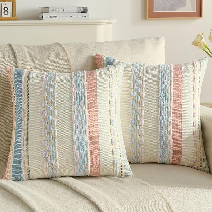 FUTEI Pink Blue Decorative Throw Pillow Covers 20x20 Inch Set of 2, Soft Tufted Striped Textured Accent Cushion Case,Boho Pillows for Couch Decor