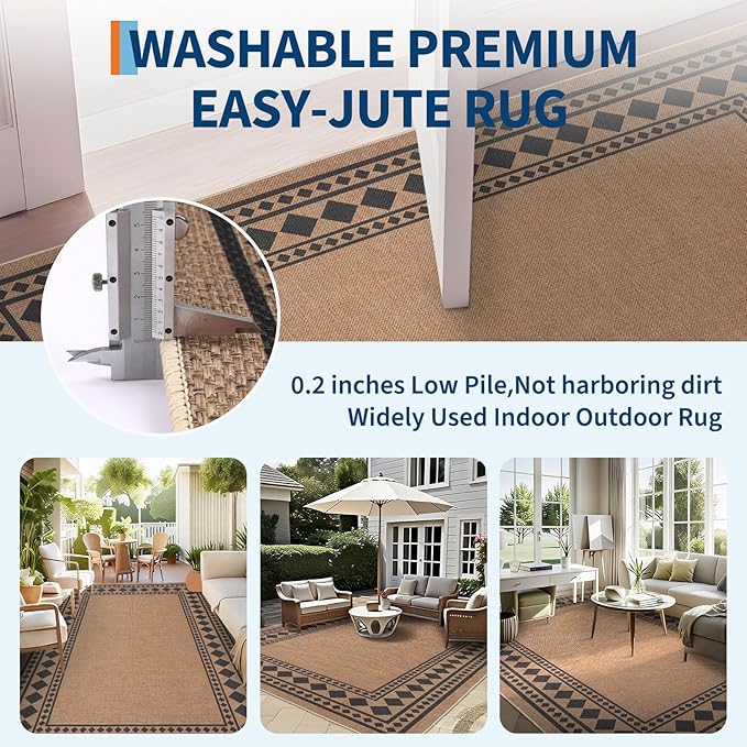 GarveeHome Easy Jute Rug 9x12 Washable Jute Rugs for Living Room, Non-Slip Outdoor Rug for Patio, Modern Indoor Solid Bordered Rugs for Dining Room Table Bedroom Patio Backyard Farmhouse, Brown