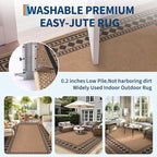 GarveeHome Easy Jute Rug 9x12 Washable Jute Rugs for Living Room, Non-Slip Outdoor Rug for Patio, Modern Indoor Solid Bordered Rugs for Dining Room Table Bedroom Patio Backyard Farmhouse, Brown