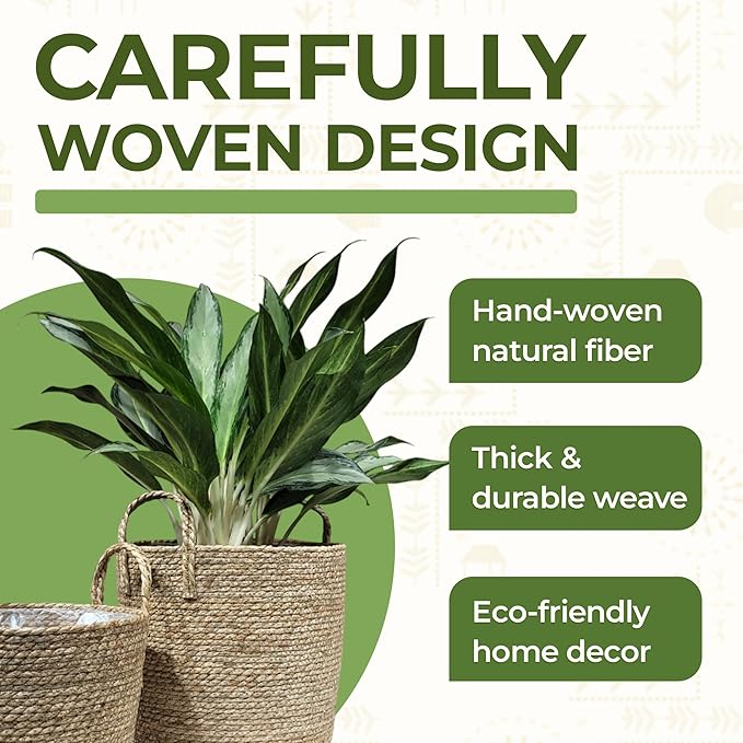 Set of 2 Woven Seagrass Planter Baskets with Handles – Handwoven Plant & Flower Pots for Indoor or Outdoor Use, Natural Straw Storage Baskets for Laundry Room, Living Room & Home Decor