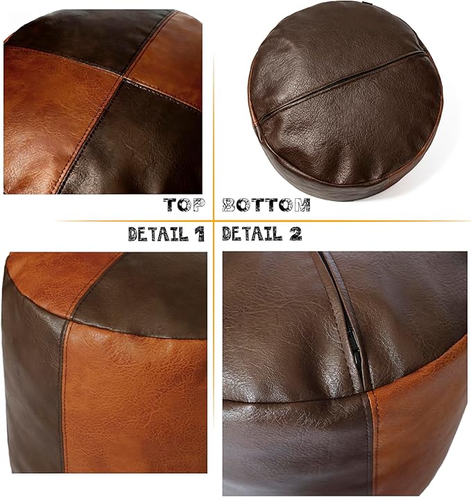 Thgonwid Unstuffed Faux Leather Pouf Cover, Handmade Footstool Ottoman Storage Solution, Floor Footrest Cushion - 16.5”Dx12”H, Brown & Coffee