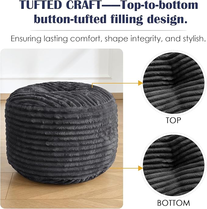 SHOUREN Stuffed Round Pouf Ottoman,Corduroy Foot Rest with Shredded Foam Filling, Lightweight and Fluffy Pouf Storage Ottoman for Living Room,Floor Poufs for Couch,18"x 14", Dark Grey