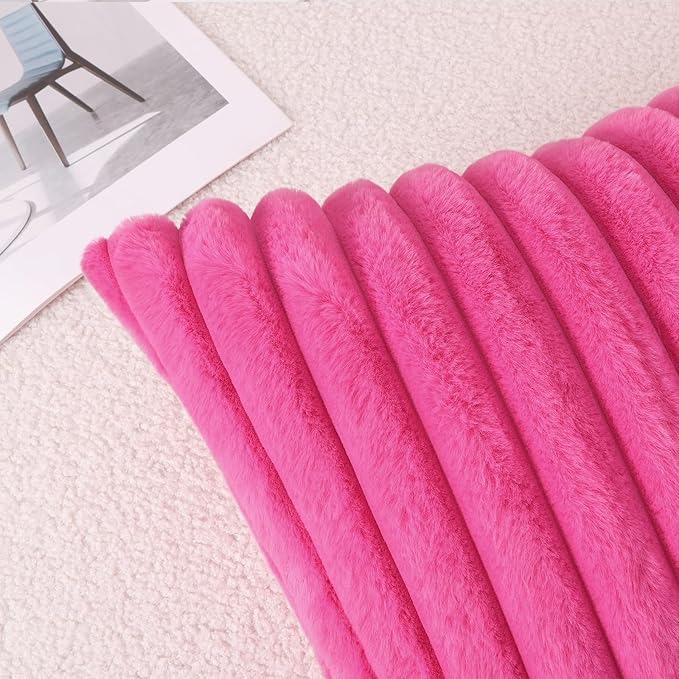 Pallene Faux Fur Plush Throw Pillow Covers 26x26 Set of 2, Luxury Soft Fluffy Striped Decorative Pillow Covers for Sofa, Couch, Living Room, Hot Pink