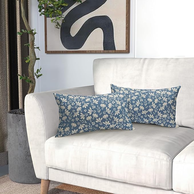 Light Blue Pillow Covers 12x20 Set of 2 Vintage Floral Rustic Old Style Cute Flower Print Rectangle Decorative Outdoor Pillowcases Seasonal Farmhouse Throw Cushion Case Couch Sofa Bed Decor