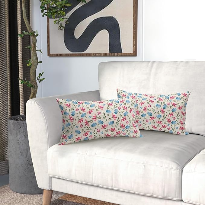 Easter Pink Blue Floral Pillow Covers 12x20 Set of 2 Spring Vintage Rustic Old Style Cute Flower Cream Print Decorative Outdoor Pillowcases Farmhouse Throw Cushion Case Decor for Couch Sofa Bed