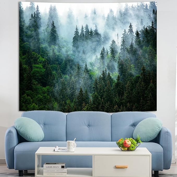 Atrippy Misty Forest Tapestry for Bedroom, Nature Mist Foggy Landscape Wall Tapestry Hanging, Green Trees Wall Art Vintage Retro Room Decor for Living Room College Dorm 51x60 Inches