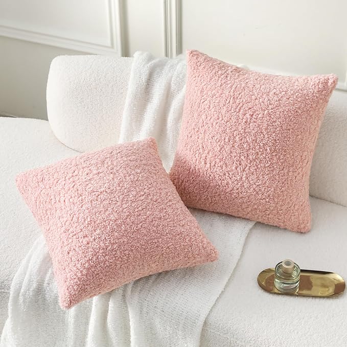 FUTEI Pink Throw Pillow Covers 26x26 Inch Set of 2,Furry Faux Fur Teddy Boucle Textured Cushion Covers,Soft Fluffy Decorative Pillow Shams,Home Decor for Couch Bed Living Room Office