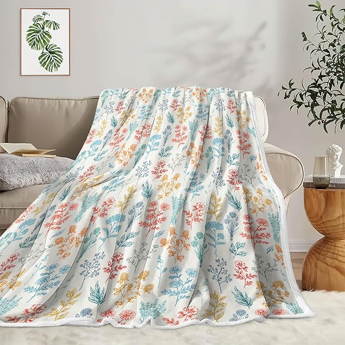 Floral Fuzzy Blanket Boho Floral Throw Blanket, Botanical Flowers Blankets, Soft, Flannel, Warm, Colorful Flowers Bed Blankets All Season for Couch Bedroom Living Room 60X70 Inch