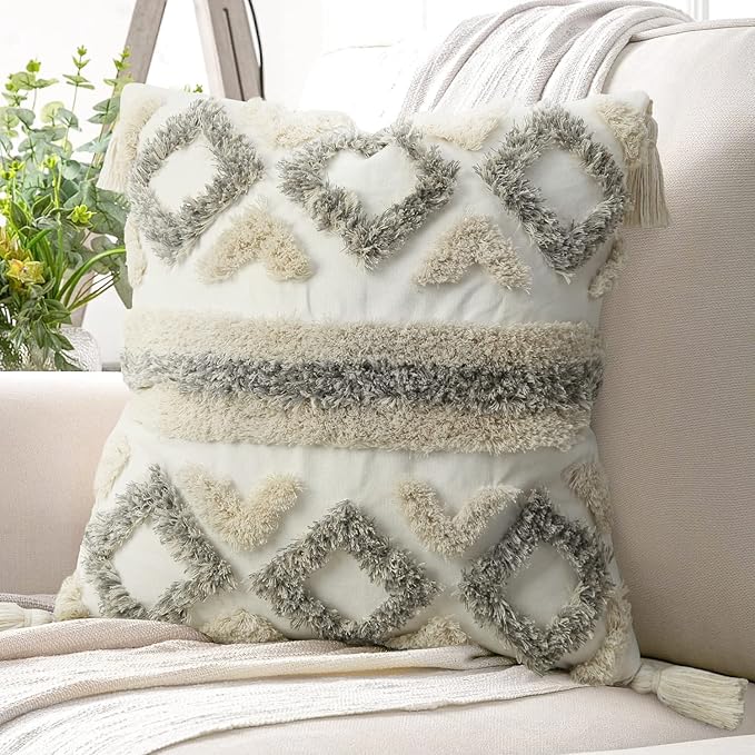 Merrycolor White Grey Boho Pillow Covers 20x20 with Tassels Tufted Decorative Gray Throw Pillows Neutral Modern Accent Pillowcase Farmhouse Square Cushion Covers for Couch Sofa Bedroom Living Room
