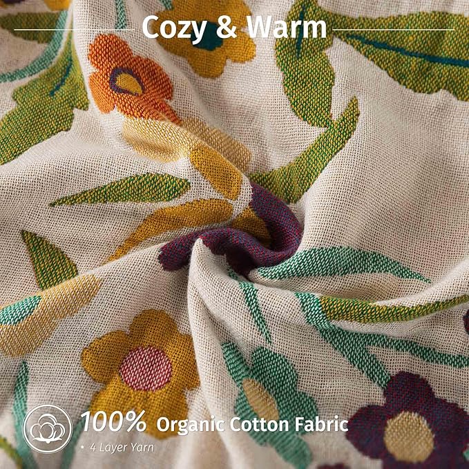 Qidordour Boho Throw Blanket, 80"x90" Muslin Blankets, 100% Organic Cotton Blanket for Couch Sofa, Lightweight Quilt, All Season Bed Throw, Farmhouse Home Decor, C-Phoenix Floral