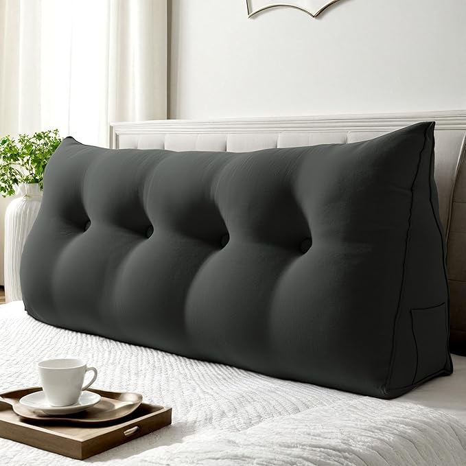 WOWMAX 80% Cotton & 20% Linen Blend Headboard Pillow – Full Size Reading Wedge Backrest for Bed, Handmade Firm Support Bolster Cushion with Removable Cover, Premium Bed Rest Pillow, Black