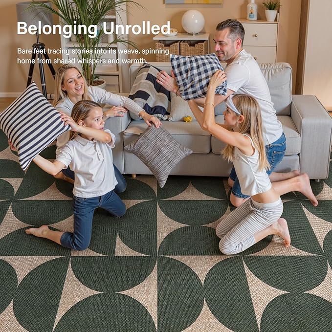 Lahome Modern Geometric Easy Jute 5x7 Washable Green Outdoor Rug, Non Shedding Woven Carpets for Living Room, Neutral Semi-Circle Non Slip Rug for Classroom Office Backyard