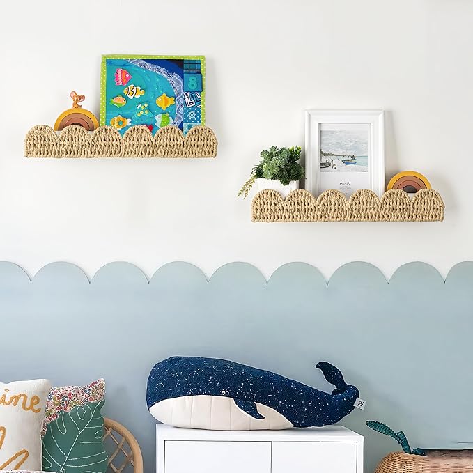 AELS Scalloped Nursery Bookshelf, Set of 2, Picture Ledge Shelf for Wall Decor, Woven Straw Paper Floating Shelves for Books, Toys, Photo Frames, Nursery, Boho Modern Farmhouse Book Shelf, Beige