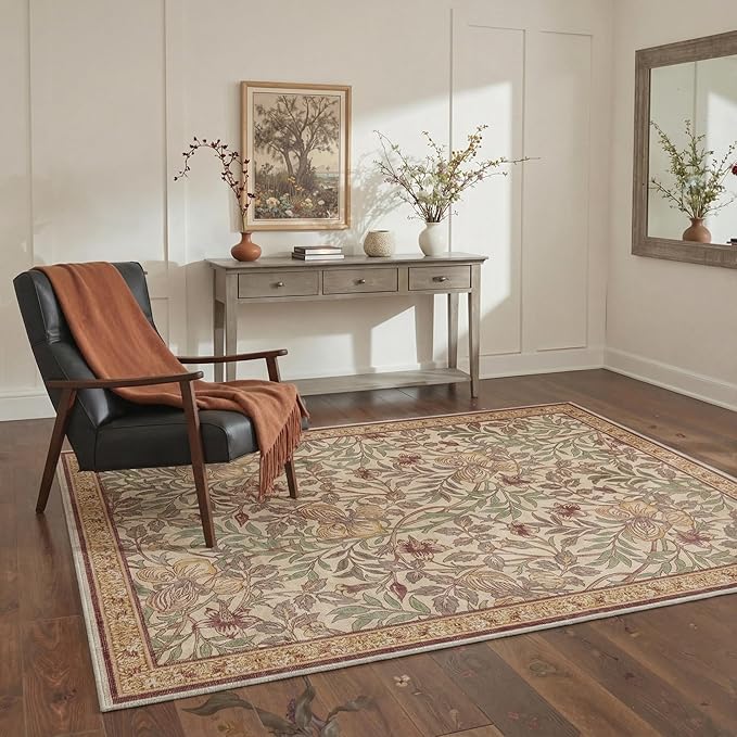 GENIMO Area Rug 2x3 Doormat, Machine Washable Low Pile Rugs, Small Retro Chenille Entryway Mat for Entrance, Hallway, Kitchen and Corridor, Floral Terracotta
