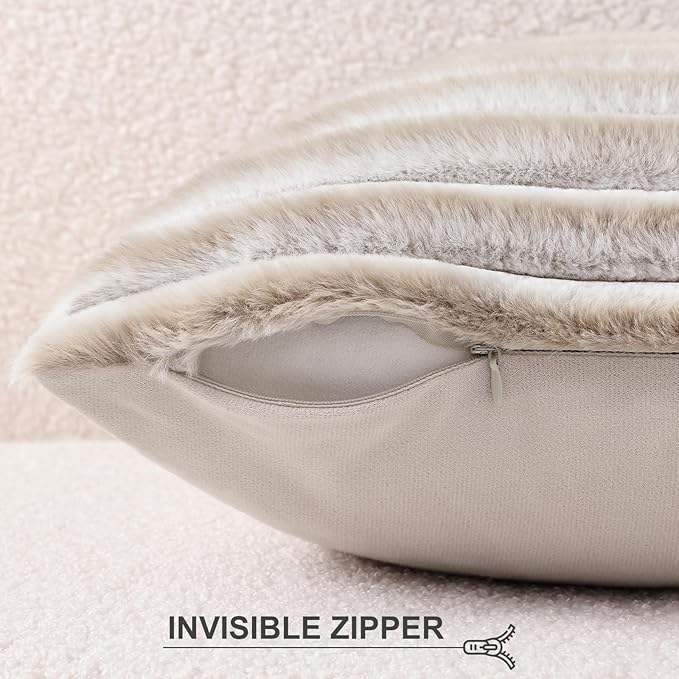 Pallene Faux Fur Plush Throw Pillow Covers 18x18 Set of 2, Luxury Soft Fluffy Striped Decorative Pillow Covers for Sofa, Couch, Living Room, Ombre Beige
