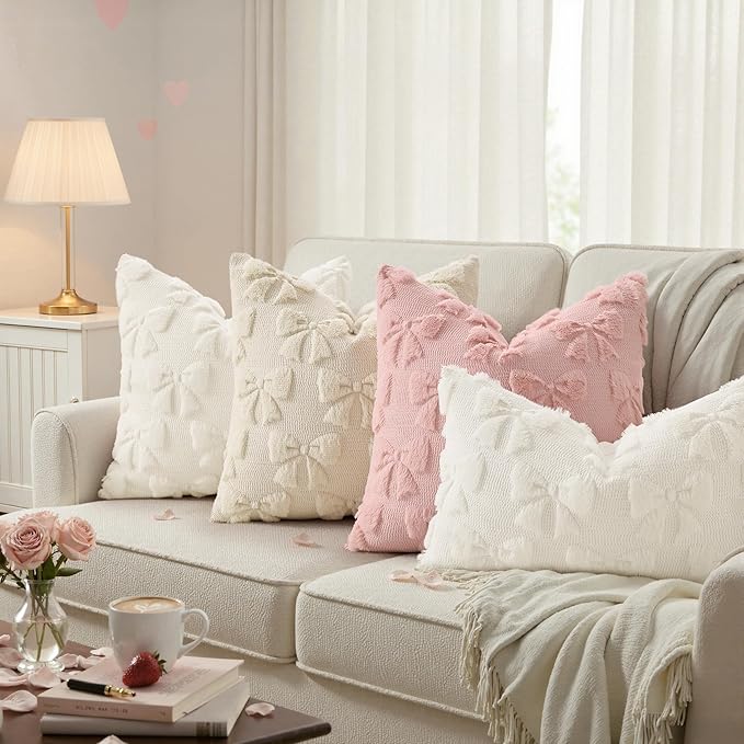 decorUhome Beige Bow Pillow Covers Set of 2 Coquette Aesthetic Cute Preppy Plush Faux Pillowcases for Girly Bedroom or Couch 12x20 Inch