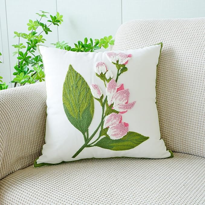 vctops Farmhouse Hibiscus Flowers Cotton Tufted Throw Pillow Cover Spring Floral Embroidery Pillowcase Soft Square Cushion Case for Sofa Couch Bed Chair (Pink F,18"x18")