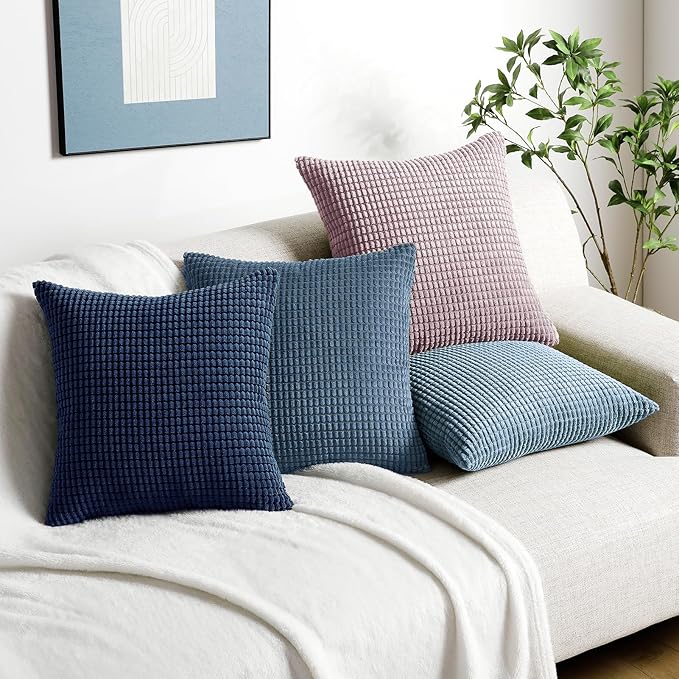 Softalker Throw Pillow Covers 18x18 Inch, Set of 4, Soft Corduroy Boho Stripe Decorative Pillow Cover, Couch Fluffy Pillow Cover for Farmhouse Home Decor Bed Living Room, Pink/Blue