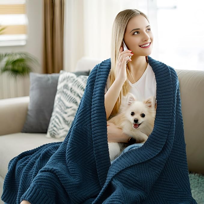 Knitted Throw Blanket 50"X60", Navy Blue Knit Throws for Bed, Super Soft Boho Chevron Blankets for Couch Sofa Chair Room Decor, Textured Decorative Farmhouse Cozy Lightweight