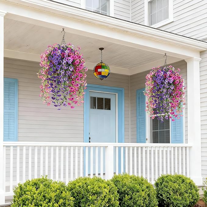 INQCMY Artificial Fake Hanging Plants Flowers Basket for Spring Outdoor Outside Decoration,UV Resistant Faux Silk Flower in Planter for Home Patio Porch Balcony Garden Yard Decor(Mixed Color)