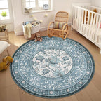GarveeHome Misty Blue Botanical Grove 4ft Round Rug, Small Circle Vintage Cottagecore Soft Low-Pile Non-Slip Washable Rugs for Living Room Bedroom Nursery Kitchen Retro Carpet