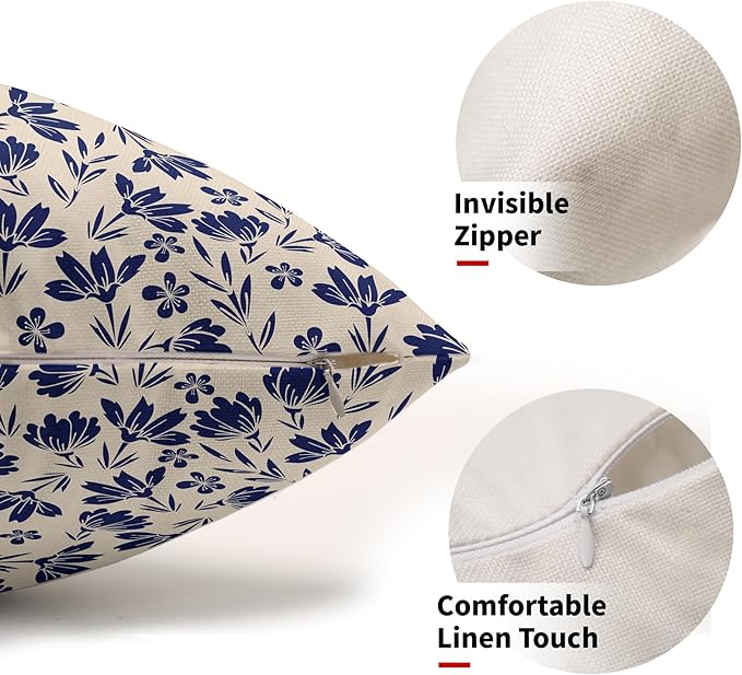 Navy Blue Floral Pillow Covers 12x20 Set of 2 Vintage Rustic Old Style Cute Small Flower Blue Cream Print Decorative Outdoor Pillowcases Farmhouse Throw Cushion Case Decor for Couch Sofa Bed