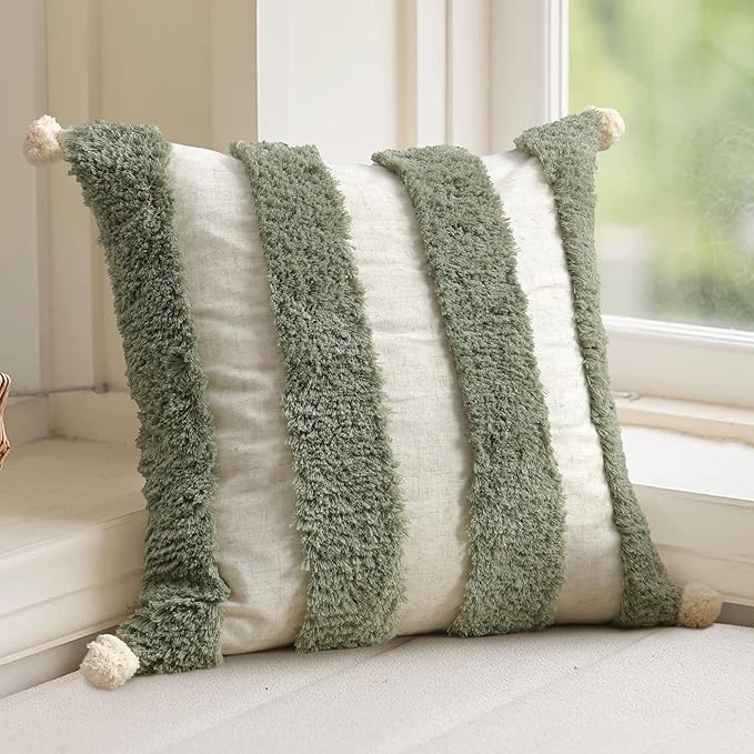 Boho Pillow Covers 18X18 Inch Boho Tufted Linen Throw Pillow Covers Decorative Pompoms Cushion Cover Farmhouse Pillow Case for Couch Sofa Bed Living Room Bedroom,Oliver Green