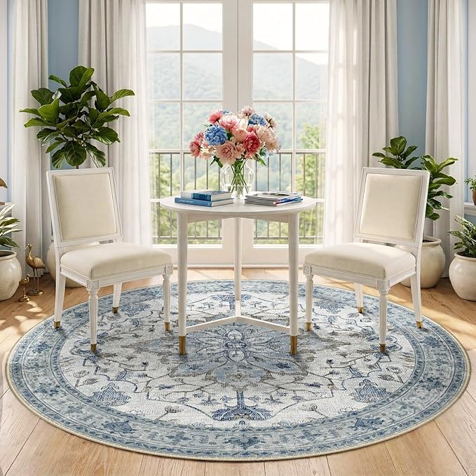Area Rugs 5ft Washable Non-Slip, Floral Vintage Distress Print Pattern Medallion Carpet for Living Room Bedroom Dining Room, Light Blue Navy Beige Gray White