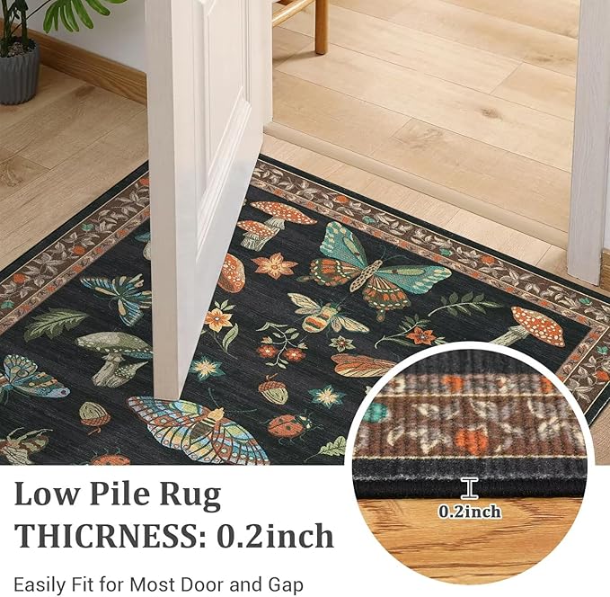 Mushroom 6x9 Area Rugs for Living Room Low-Pile Whimsical Cottage Core Insect Bug Butterfly Funky Dark Gothic Decor for Bedroom Nursery Dining Room Black Brown