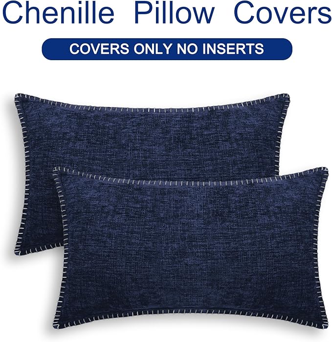 CaliTime Throw Pillow Covers Decorative 12 X 20 Inches Pack of 2 Cotton Thread Stitching Edges Solid Dyed Soft Chenille Cushion Cases for Couch Sofa Bed Living Room Farmhouse Navy Blue