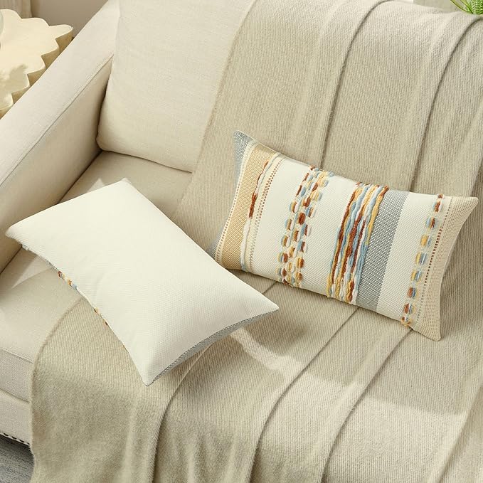 FUTEI Rust Blue Yellow Decorative Throw Pillow Covers 12x20 Inch Set of 2, Soft Tufted Striped Textured Accent Pillow Case,Boho Pillows for Couch Decor