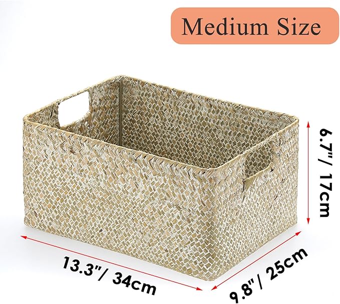 Hipiwe Seagrass Storage Basket Bin Rectangular Handwoven Wicker Storage Box with Handle Opened Baskets for Shelf Organizing Closet Bathroom, 13.3 x 9.8 x 6.7 Inch