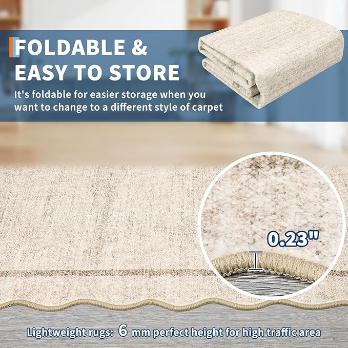 GarveeHome Scalloped Washable Kitchen Runner Rug 2x8, Beige Runners for Hallway, Non Slip Boho Soft Bathroom Throw Mat Bordered Carpet Runner for Laundry Entryway Bedroom 2 ft x8 ft Beige