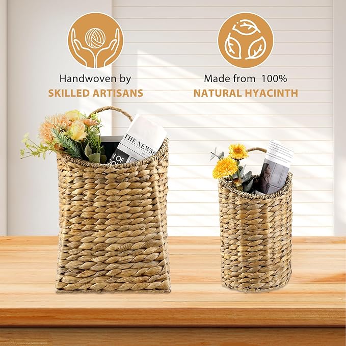 2 Pack Woven Hanging Basket Set, Wicker Wall Baskets Handmade Seagrass Planters for Front Door, Garden, Farmhouse Home Decor