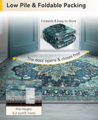 Area Rugs 7'x9' Washable Non-Slip, Floral Vintage Distress Print Pattern Medallion Carpet for Living Room Bedroom Dining Room, Teal Green Lake Blue Turquoise