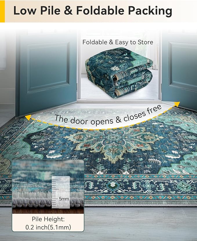 Area Rugs Square 10ft Washable Non-Slip, Floral Vintage Distress Print Pattern Medallion Carpet for Living Room Bedroom Dining Room, Teal Green Lake Blue Turquoise