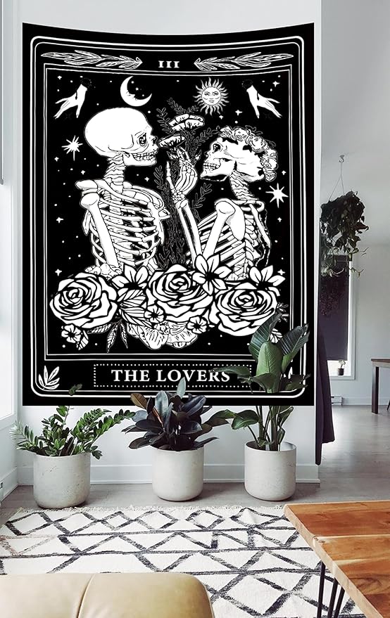 Onivein The Lovers Skull Tapestry Gothic Tapestry Vertical Black and White Skeleton Gothic Witch Sun Moon Floral Plant Snake Tapestries Wall Hanging Decor for Bedroom Dorm Room 40 x 60 Inches