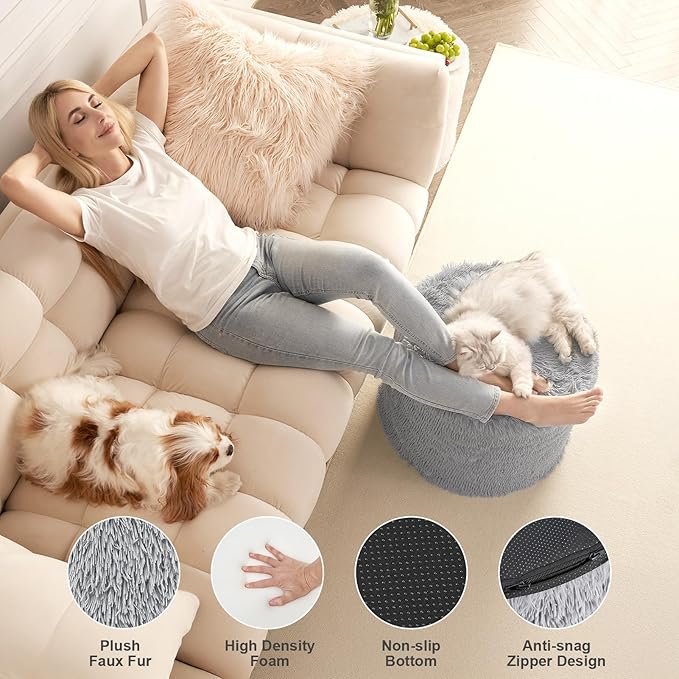 Hansleep Round Pouf Ottoman Foot Rest, 20 x 15 Small Faux Fur Stuffed Pouf for Chair, Foam Filled Foot Stools Ottomans for Living Room, Grey