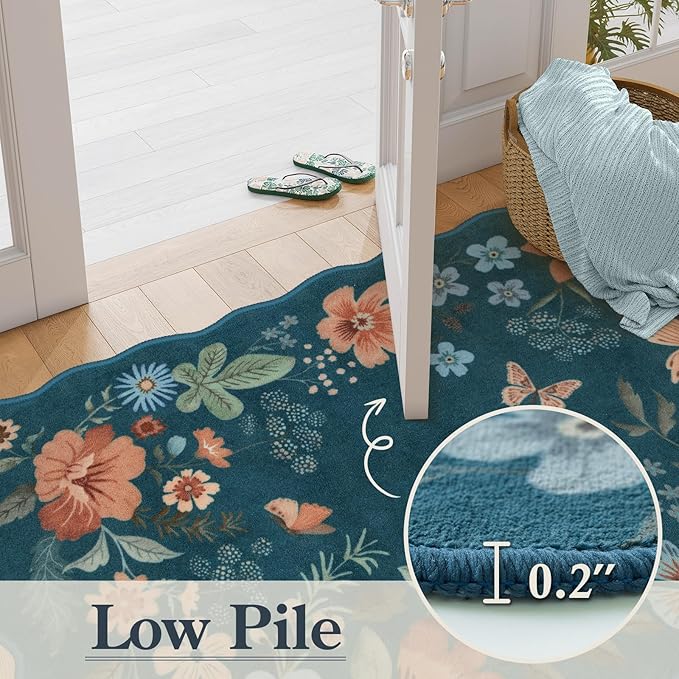 Lahome Floral Washable Runners for Hallways, 2x5 Kitchen Runner Rug Ultra-Thin, Non-Slip Stain Resistant Boho Low-Pile Carpet Runner for Bathroom Bedroom Flore (2x5ft,Navy Blue)