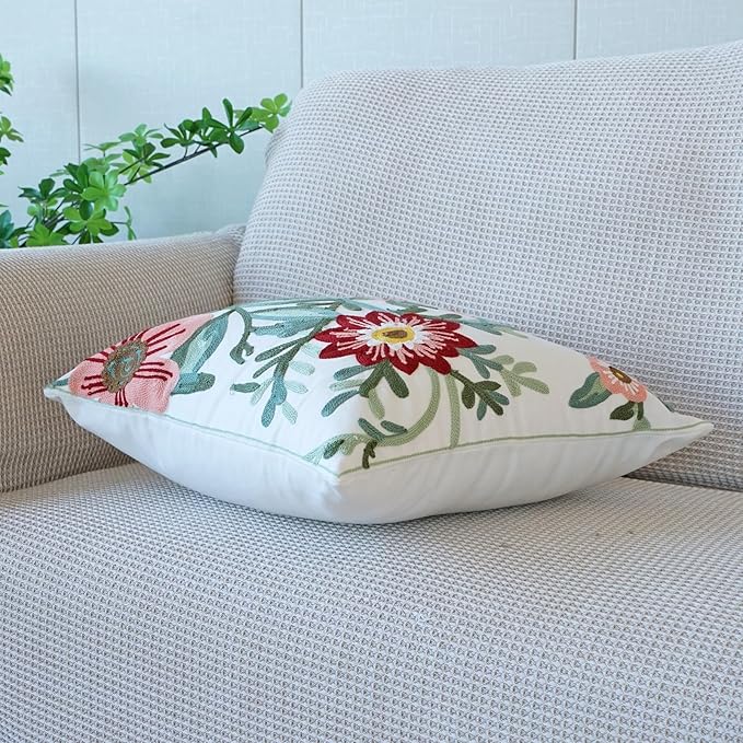 vctops Floral Embroidered Pillow Covers 18x18 Inch Spring Summer Cotton Tufted Throw Pillow Cover Outdoor Garden Cushion Case for Sofa, Bed, Living Room (Flower D,18"x18")