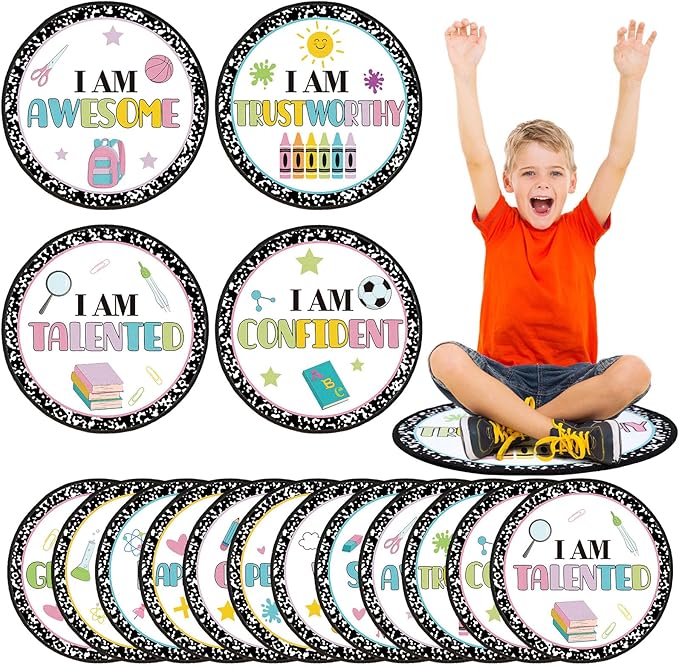 Tinideya 12 Pcs Kids Carpet Circle Seats for Class 16 Inch Round Classroom Rug Floor Cushions Soft First Day of School Educational Mat Non Slip Back to School Learning Playing Areas(Positive)
