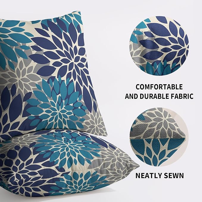 Navy Blue Grey Gray Pillow Covers 24X24 Inch Set of 2, Modern Dahlia Floral Print Decorative Throw Pillow Covers Outdoor Farmhouse Cushion Case for Home Couch Sofa Bed Decoration